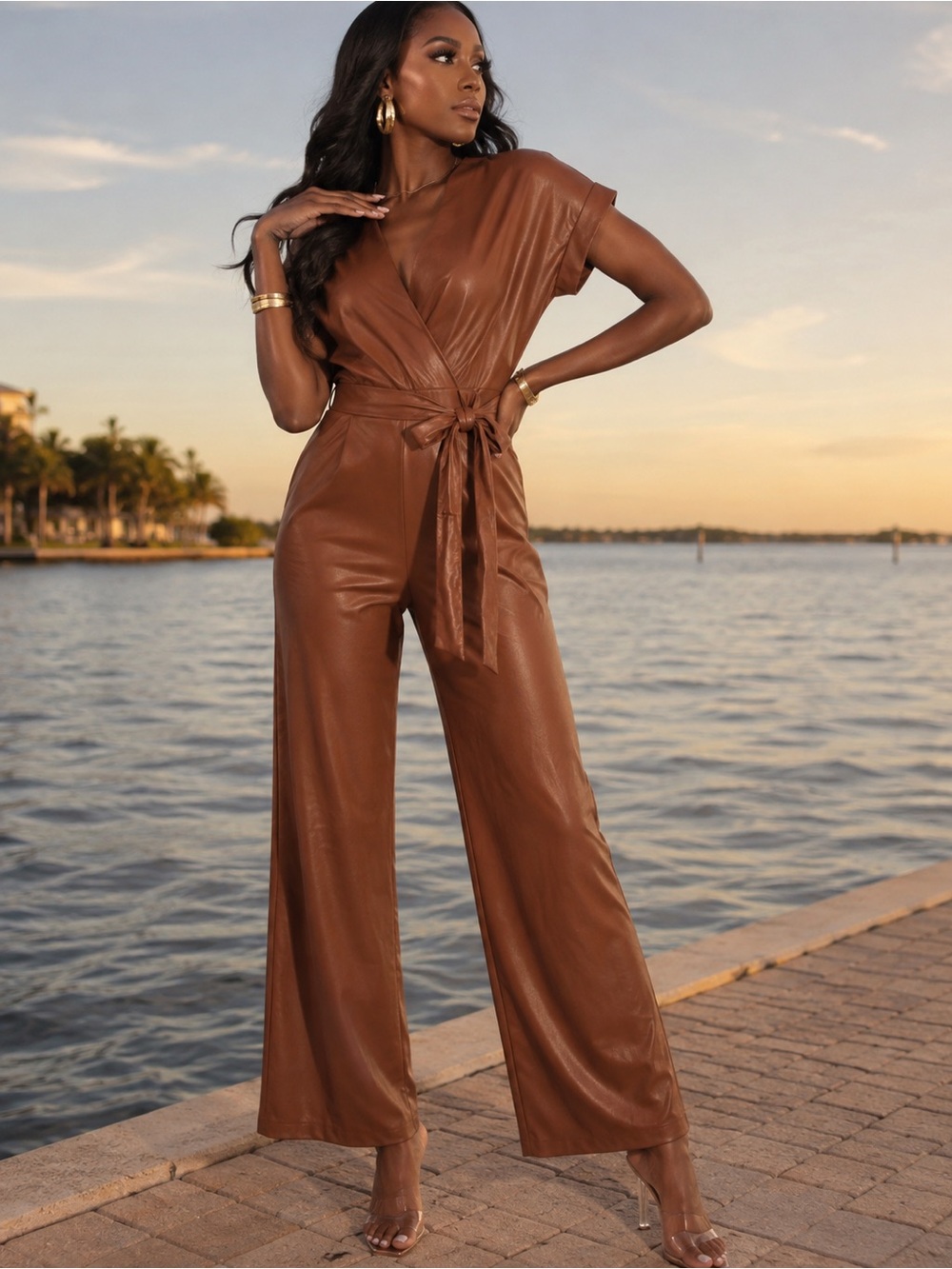 Brown Faux-Leather look Wide-Leg Jumpsuit with Tie Waist